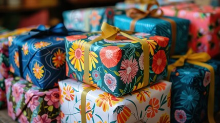 Stack of beautifully wrapped gift boxes with colorful, floral patterns and ribbons, perfect for birthdays and celebrations.