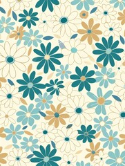 Fototapeta premium A seamless pattern of blue, white, and yellow flowers on a cream background