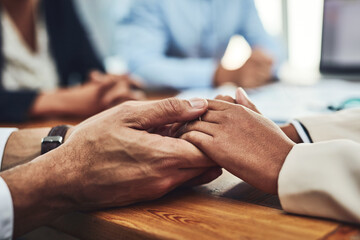 Holding hands, collaboration and support in office with people, counseling and connection for grief. Staff, empathy and consultation with colleagues for solidarity in meeting at accounting agency