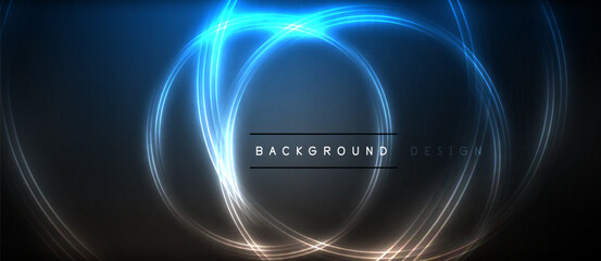 Neon glowing circle rays, light round lines in the dark, planet style neon wave lines. Energetic electric concept design for wallpaper, banner, background