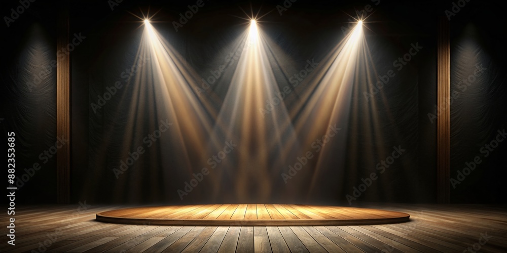 Poster stage lights - empty stage with three spotlights illuminating a wooden platform, creating a dramatic