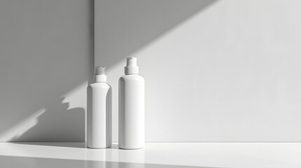 Minimalist White Plastic Pump Bottles on Reflective Surface - Indoor Hygiene Product Photography