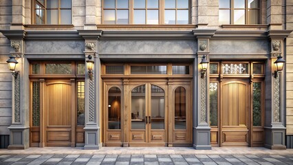 Fototapeta premium Elegant grey and wooden boutique facade mockup template featuring ornate wooden doors, large windows, and a sophisticated grey stone exterior with vintage signage.