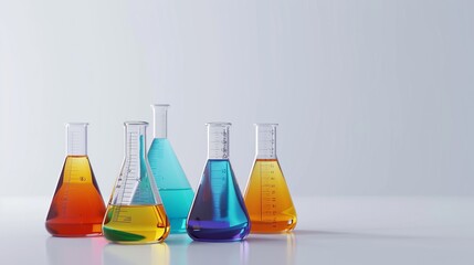Banner design featuring a set of laboratory glassware filled with colorful liquids on a white background