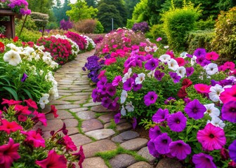 Vibrant petunias in shades of pink, purple, and white bloom abundantly in a lush garden, surrounded by lush greenery and rustic stone pathways.