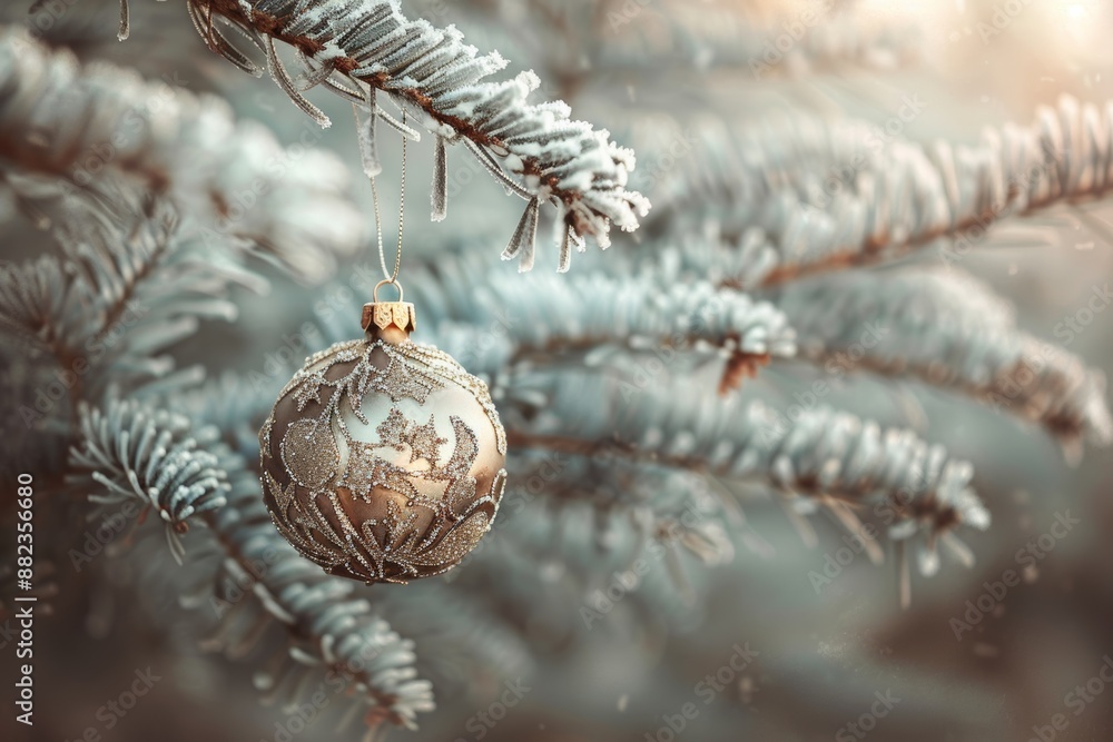 Poster a single christmas ornament with an intricate design hangs on a frosted pine branch. the ornament is