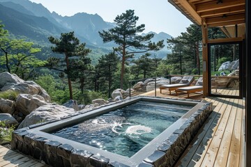 A tranquil spa retreat with a hot spring, wooden deck, and forested mountains providing a peaceful backdrop.