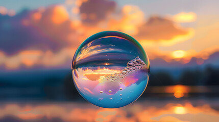 Soap bubble with reflections floating at sunset