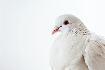 A white dove with red eyes is positioned on the right side of the image, isolated against a clean white background. Soft lighting emphasizes the bird's feathers and subtle details