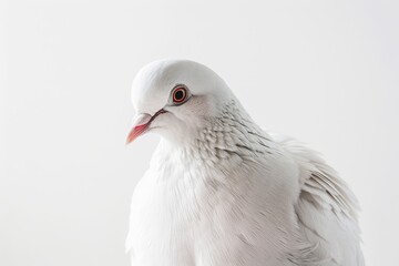 A white dove is captured in a close-up, showcasing its soft white feathers and delicate features against a plain white background