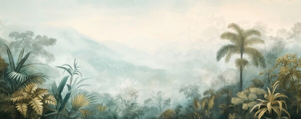 Vintage wallpaper of a serene jungle with rare birds of paradise, ancient trees and mist-covered hills in soft pastel shades. mural art style. 