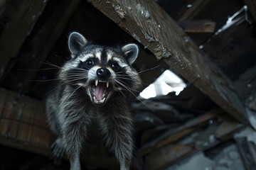 A close-up view of an aggressive raccoon in a dark attic space, its eyes intense and its mouth open in a threatening snarl