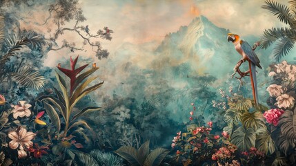Vintage wallpaper of a tropical forest with parrots, blooming flowers and mountain backdrops in pastel tones. mural art style. 