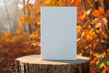 Blank white book cover mockup standing on wooden stump against golden, yellow autumn, fall background, landscape, outdoors. Front view of magazine template
