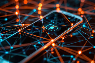 A phone is displayed in a pattern of lights and lines, generative ai image.