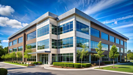 Modern suburban low rise office building., modern office building with sky