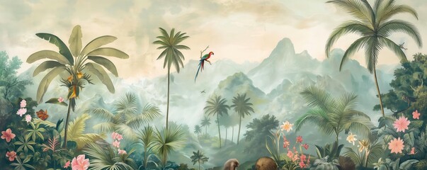 Enchanting Jungle Wallpaper Pastel-Toned Tropical Oasis with Parrots, Hedgehogs, and Palm Trees