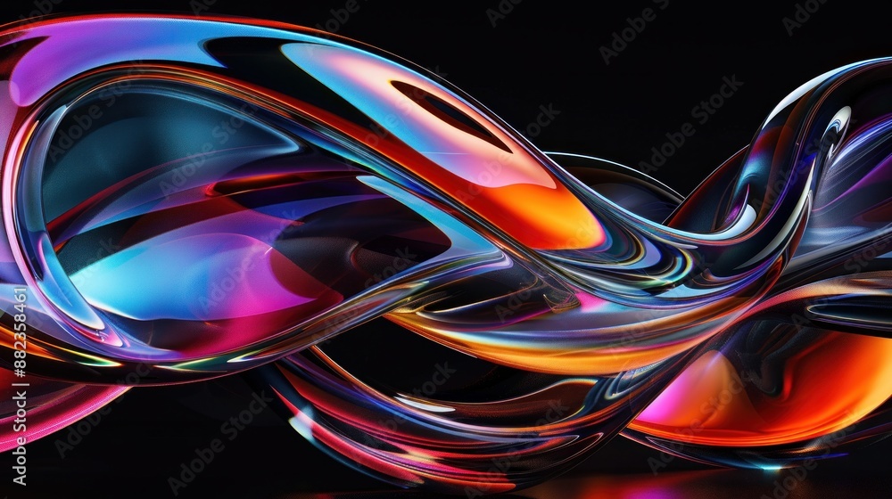 Poster mesmerizing abstract patterns formed by vibrant 3d glass curves with colorful reflections.