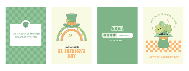 Set of greeting cards for Saint Patrick's day in retro style. Green leprechaun hat, four-leaf clover, rainbow in the colors of the Irish flag, cute clover bouquet in leprechaun top hat.