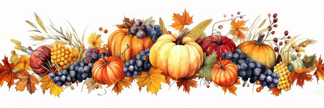 recommend clip art: A group of fruits and vegetables on a table. Thanksgiving clipart on white background.