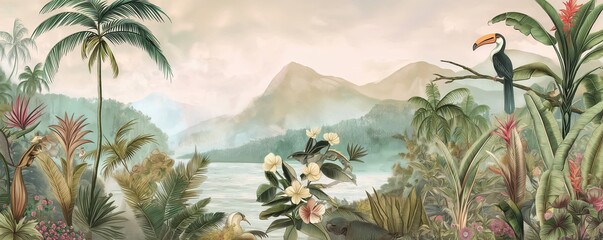 Enchanted Tropical Jungle Pastel Hues, Exotic Wildlife, and Serene Mountains in Vintage Wallpaper