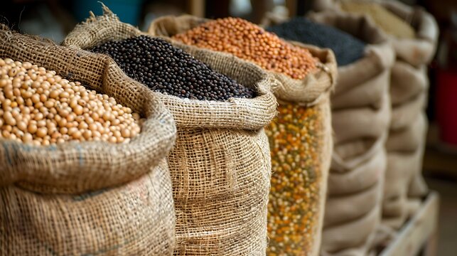 Assorted legumes in burlap sacks in a row