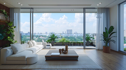 interior design concept condominium penthouse living area with wooden balcony and stunning view of city garden beautiful sky	