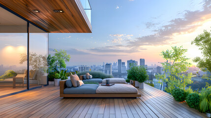 interior design concept condominium penthouse living area with wooden balcony and stunning view of city garden beautiful sky	