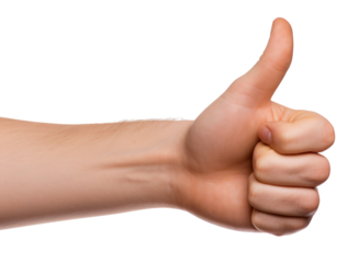 Man showing thumb up gesture on white background, closeup of hand
