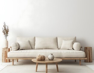 Scandinavian style living room interior mockup with a sofa and coffee table on a white wall background