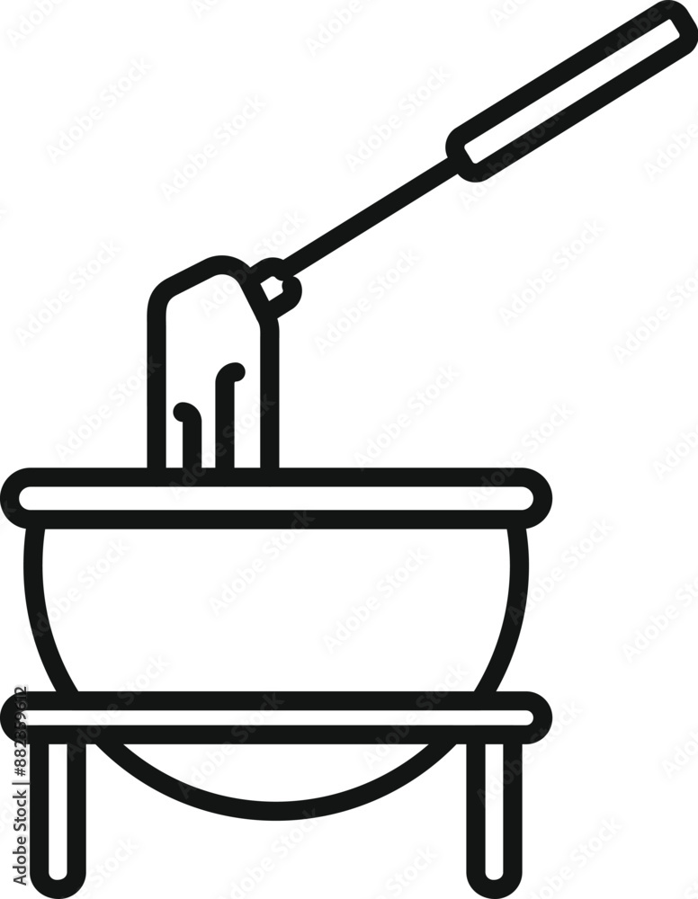 Poster line drawing of a fondue fork dipping food into a pot of melted cheese fondue