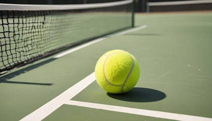 Closeup macro view of tennis ball laying on tennis court