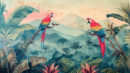 Vintage wallpaper of a tropical jungle with colorful parrots, lush vegetation and hills in pastel shades. mural art style. 