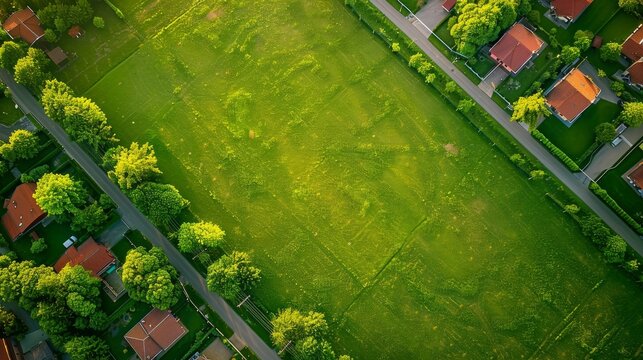 A green field representing a vacant land plot, illustrating a real estate management concept.

