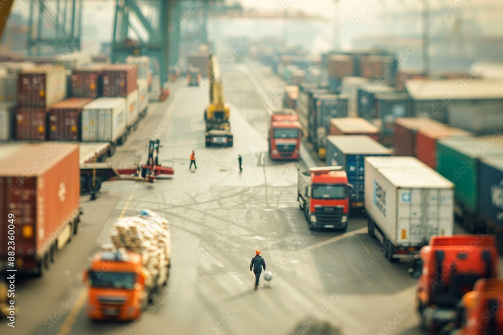 Poster a high-angle view of a busy shipping dock with workers loading cargo containers onto trucks and ship
