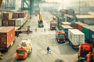 Obraz premium A high-angle view of a busy shipping dock with workers loading cargo containers onto trucks and ships