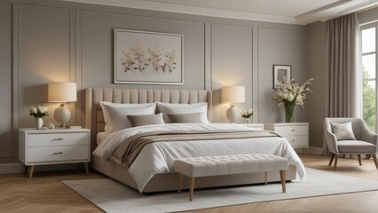 A chic bedroom with a luxurious upholstered bed, stylish nightstands, and elegant bedside lamps. Soft bedding and tasteful decor complete the sophisticated look.