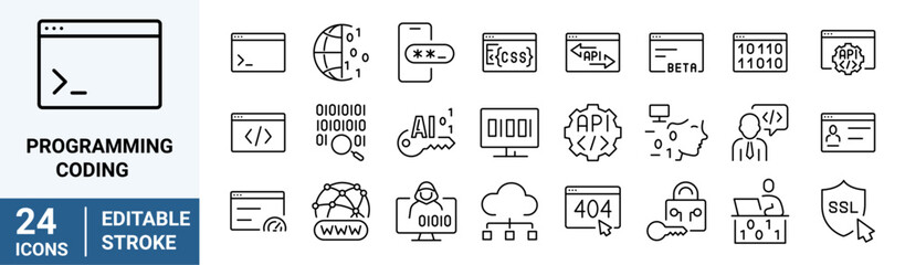 Programming Coding web line icons. Software, development, legal, cloud computing, programmer, data, collection. Vector illustration.
