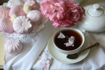 Pink roses and marshmallows on the tea table