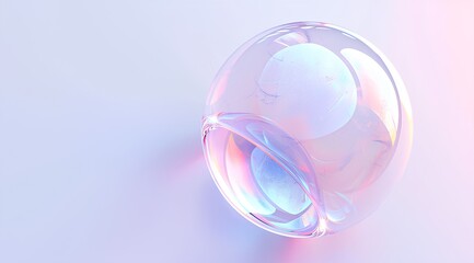 3d render of minimalistic transparent glass sphere on white background with soft pink and blue gradient, close up
