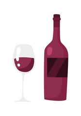 A bottle of red wine and a filled glass in flat style. Vector illustration isolated on white background