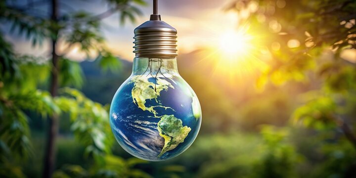 A glowing light bulb suspended in front of a majestic earth globe, symbolizing eco-friendly ideas and innovative solutions for a sustainable planet's bright future.