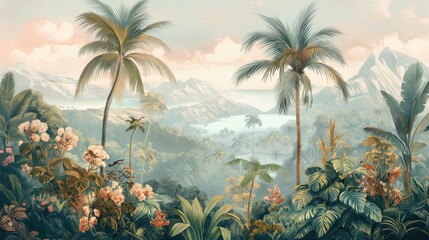 Panoramic Collage of Tropical Jungle with Exotic Wildlife in Soft Pastels. Elegant Toucans and Curious Ferrets Nestled Among Tall Palm Trees and Enchanting Flowers.