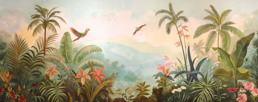 Vintage wallpaper of a tropical jungle with vibrant macaws, majestic oryx, and tall palm trees in pastel hues, highlighting an enchanting rainforest landscape with exotic flowers and rolling hills. 