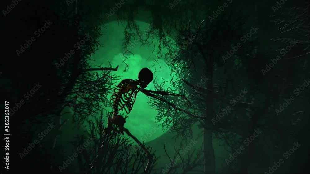 Wall mural skeleton walk in haunted forest green haze 4k loop features a view panning across a forest with a gr