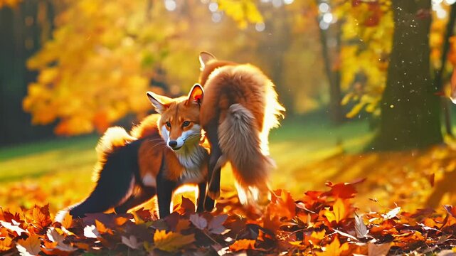 Two foxes are playing in the leaves, one of them is jumping over the other. Scene is playful and lighthearted