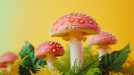 Mushroom on yellow green and pink background
