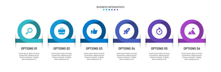 Horizontal progress bar featuring 6 arrow-shaped elements, symbolizing the six stages of business strategy and progression. Clean timeline infographic design template. Vector for presentation