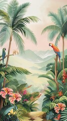 Vintage wallpaper of a tropical jungle with vibrant macaws, majestic oryx, and tall palm trees in pastel hues, highlighting an enchanting rainforest landscape with exotic flowers and rolling hills. 