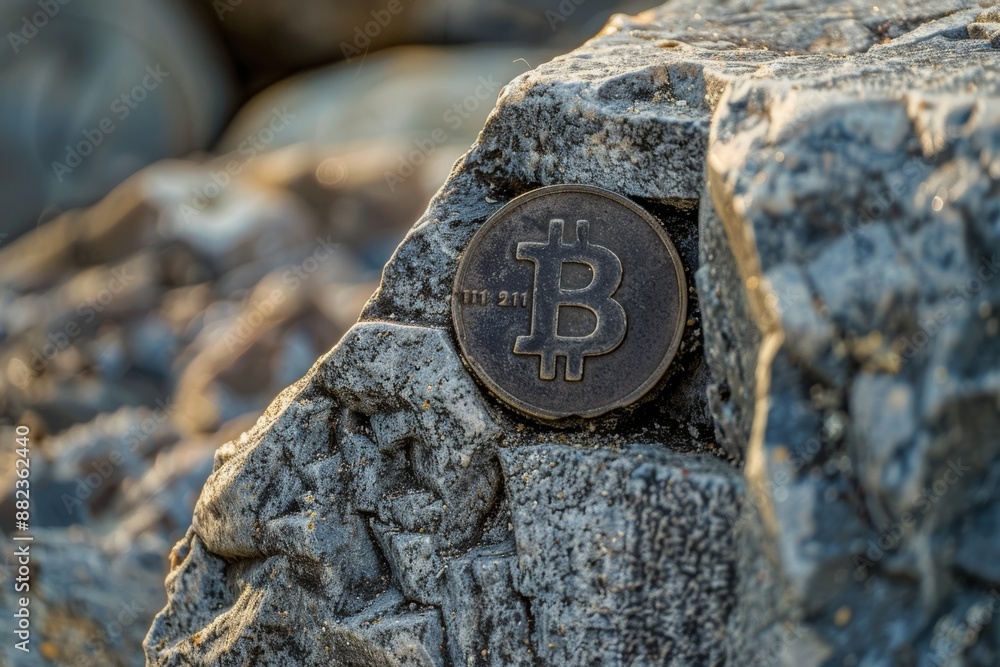 Poster a close-up of a bitcoin coin embedded in a large, rough stone, symbolizing the integration of digita